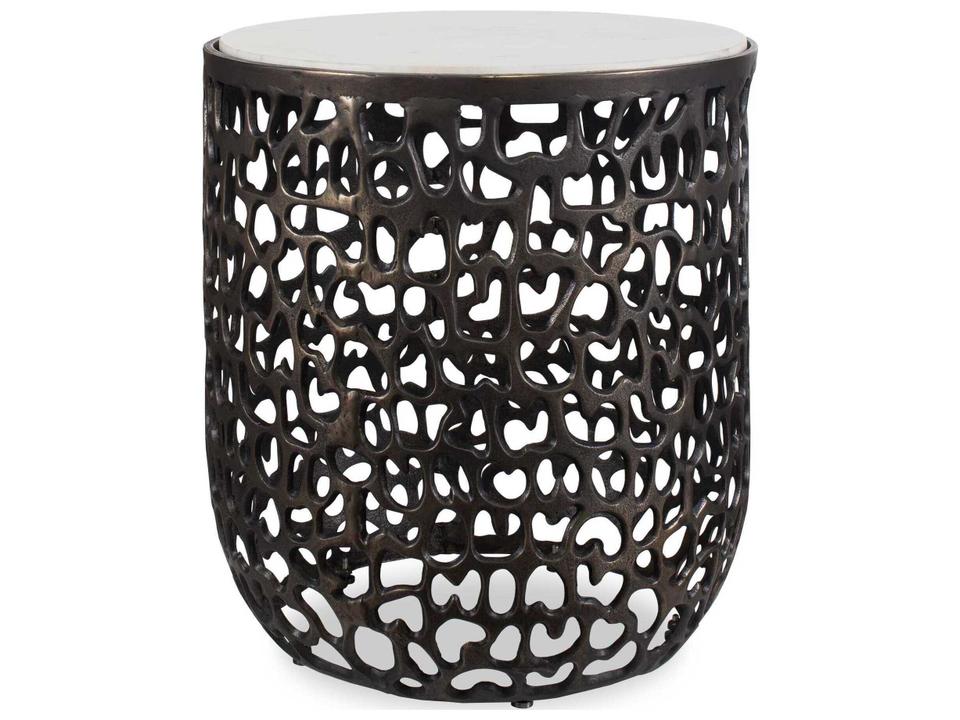 Sabena Round End Table with White Marble Top in Golden Dark Bronze