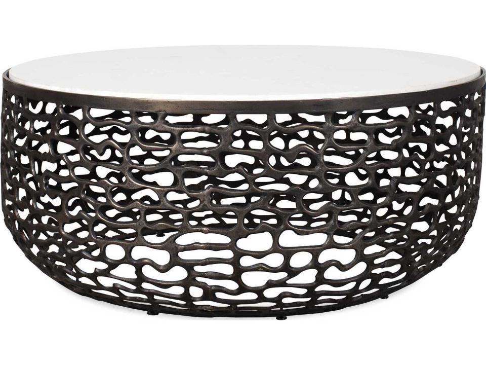 Sabena Round Coffee Table with White Banswara Marble Top in Dark Bronze