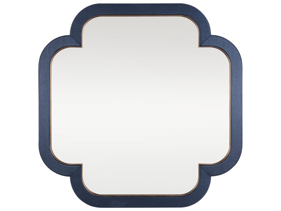 Swiss 36-Inch Square Wall Mirror in Dark Blue Grasscloth and Weathered Brass