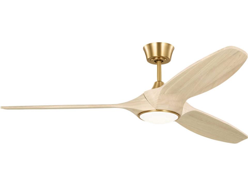 Visual Comfort Selen Smart 60-Inch 3-Blade LED Outdoor Ceiling Fan in Burnished Brass with Washed White Oak Blades