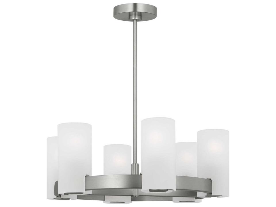Rhode 6-Light Chandelier with Etched Glass Shades in Brushed Steel