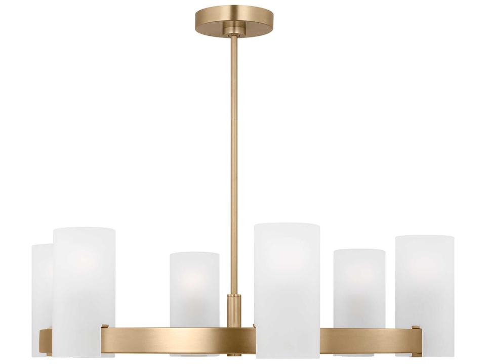 6-Light Rhode Chandelier in Satin Brass with Etched Glass Shades