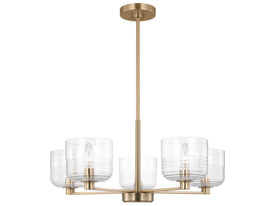 5-Light Lochdale Chandelier in Satin Brass with Ribbed Glass Shades