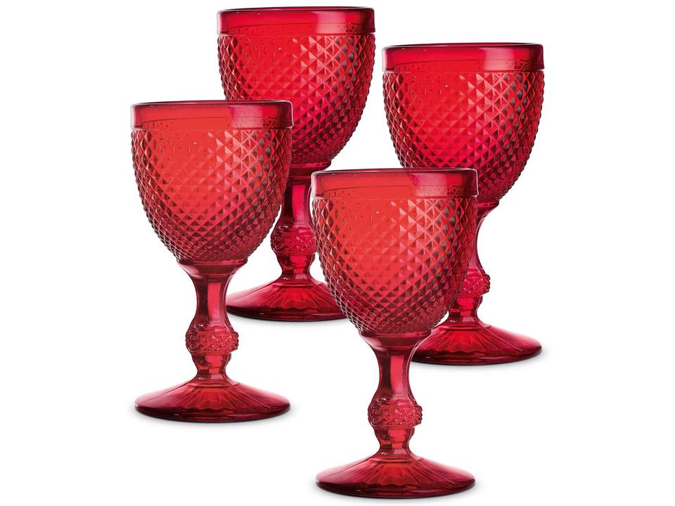 Bicos Set of 4 Red Water Goblets with Relief Decoration