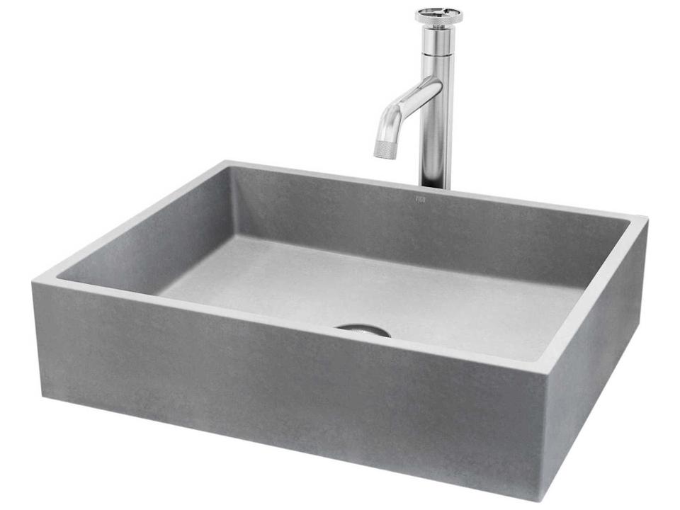 Coca Rectangular ConcretoStone Vessel Bathroom Sink with Cass Faucet Brushed Nickel