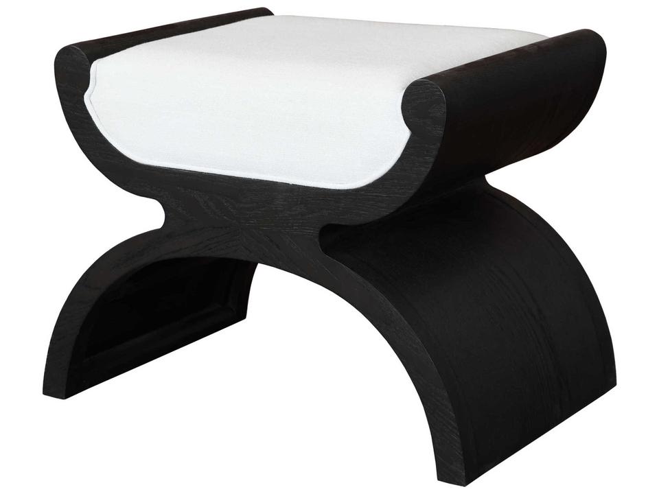 Janna White Linen Upholstered Accent Stool in Dark Espresso Oak