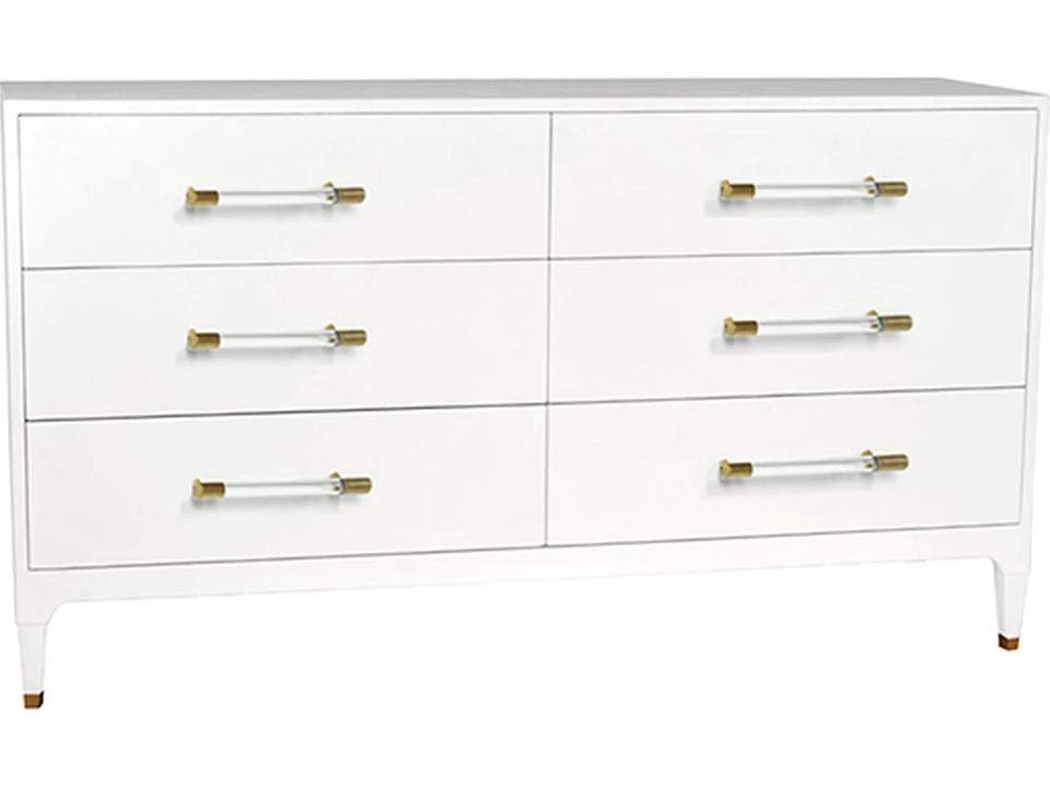 Maren 6-Drawer Dresser in Textured White Linen with Acrylic and Brass Hardware