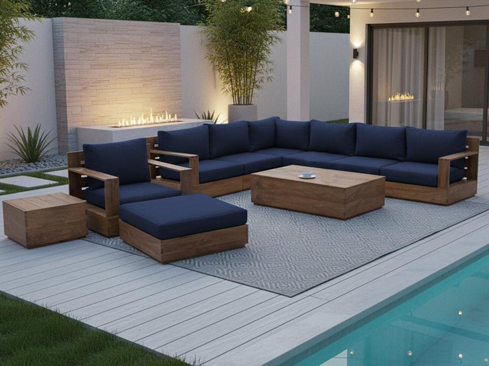 10 pc Pacific Teak Sectional Seating Group with 52" Rectangular Coffee Table
