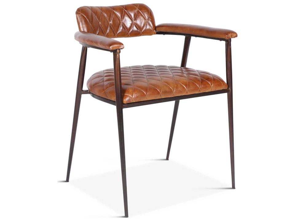 Hudson Accent Arm Chair Diamond Stitched Saddle Brown Leather and Iron