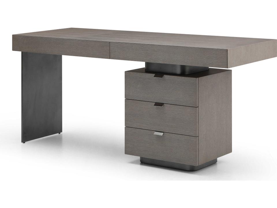 Alma Grey Oak Writing Desk with Five Drawers and Steel Base