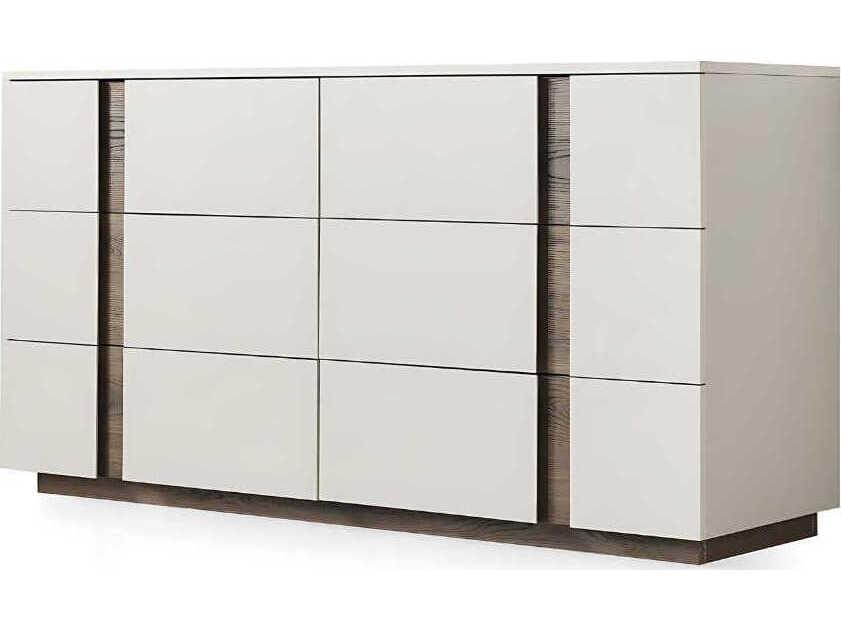 Romina 6-Drawer Double Dresser in Light Grey Lacquer and Walnut Veneer