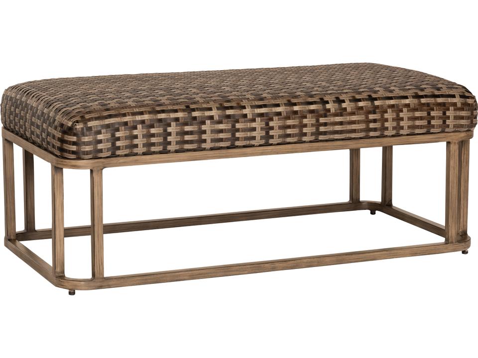 Reunion Outdoor Wicker Bench with Hidden Cushions in Mixed Brown Calico