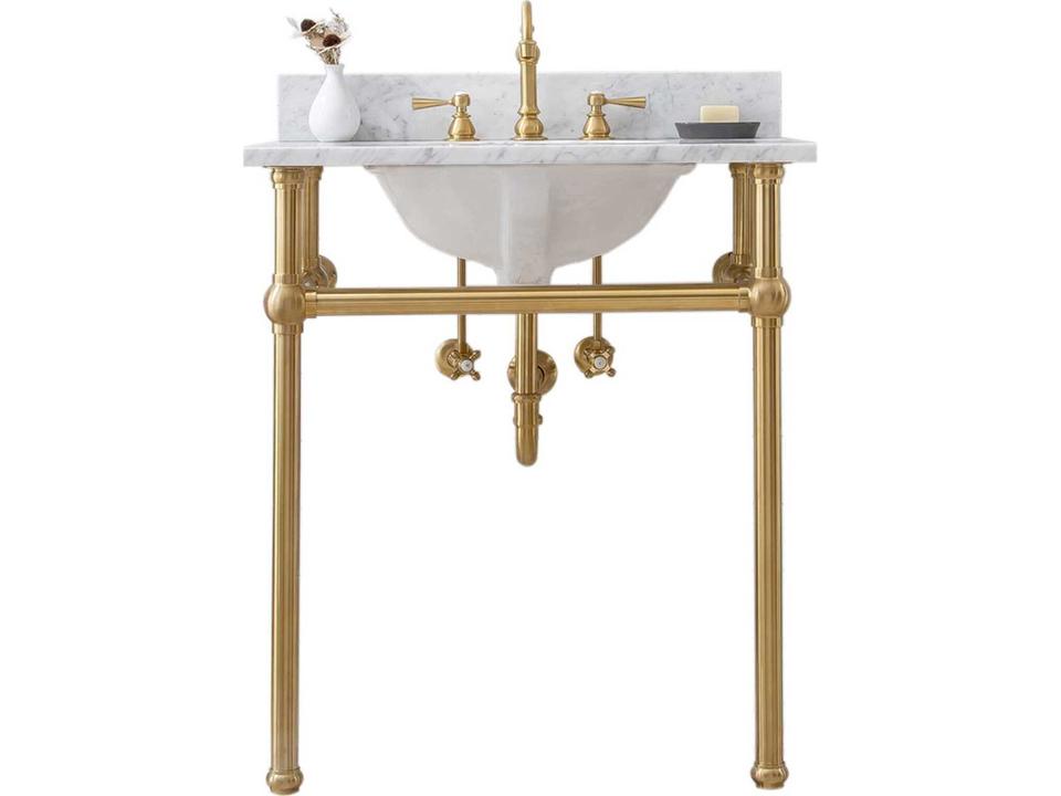 Embassy 30 Inch Single Wash Stand with Carrara White Marble Top in Satin Gold