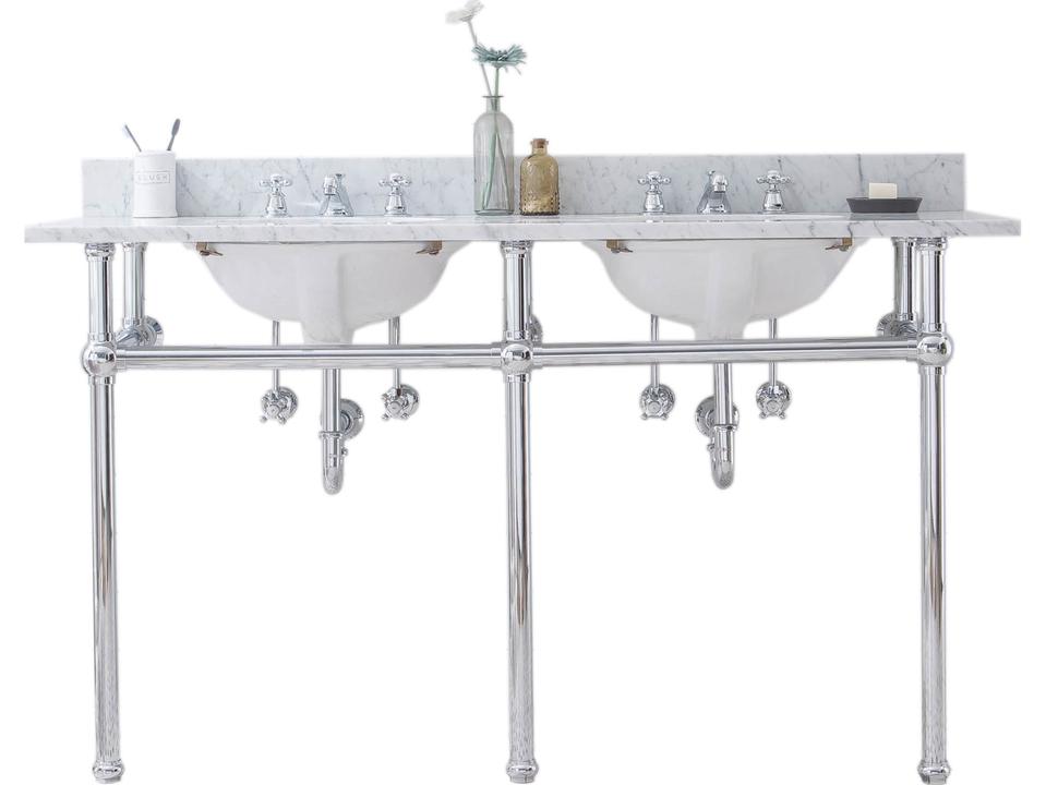 Embassy 60 Inch Double Wash Stand with Carrara White Marble Top and Chrome Faucets