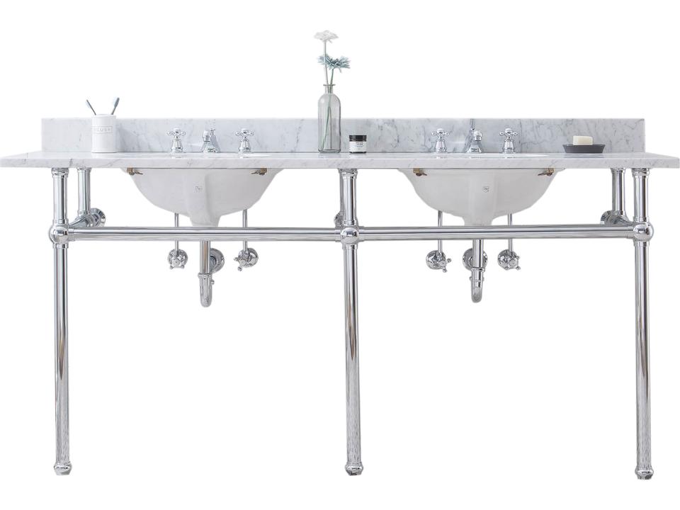 Embassy 72-Inch Double Wash Stand Carrara White Marble Top Chrome