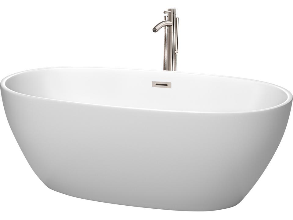 Juno 63 Inch Freestanding Soaking Bathtub in Matte White Acrylic with Floor Mounted Filler