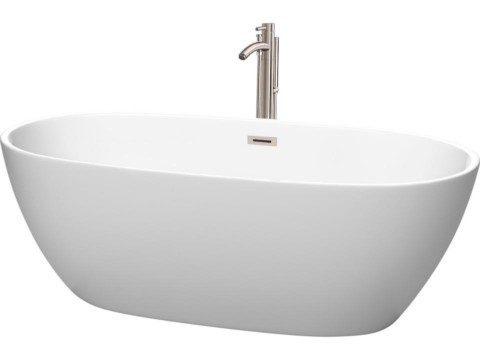 Juno 67 Inch Free Standing Soaking Bathtub in Matte White Acrylic with Floor Mounted Faucet