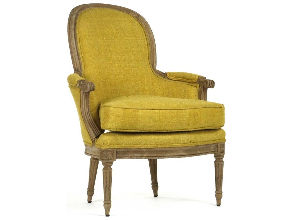 Sebastian Club Elm Wood Accent Chair with Yellow Raw Silk Upholstery