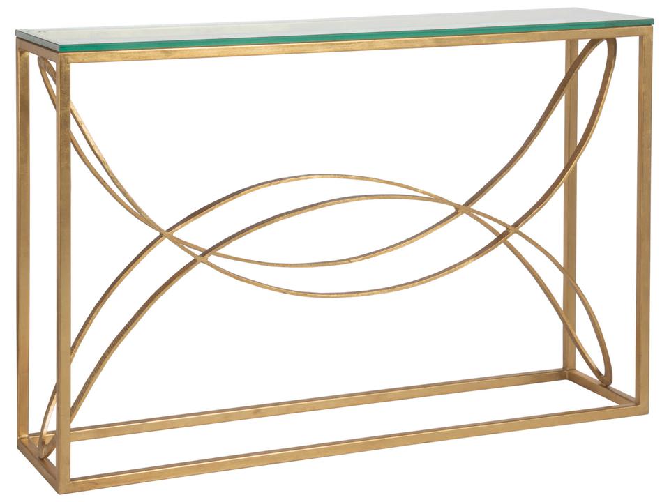 Home Ellipse Console Table in Gold Leaf Metal and Glass