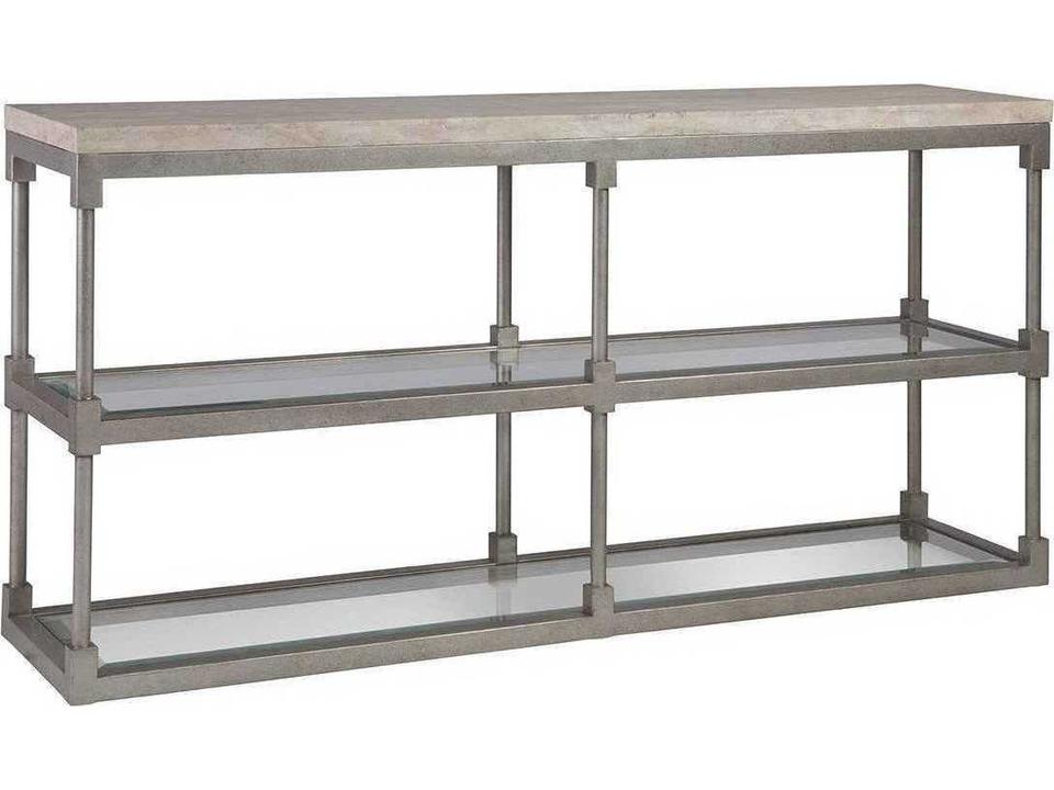 Home Topa Console Table in Antiqued Silver Leaf with Travertine Top