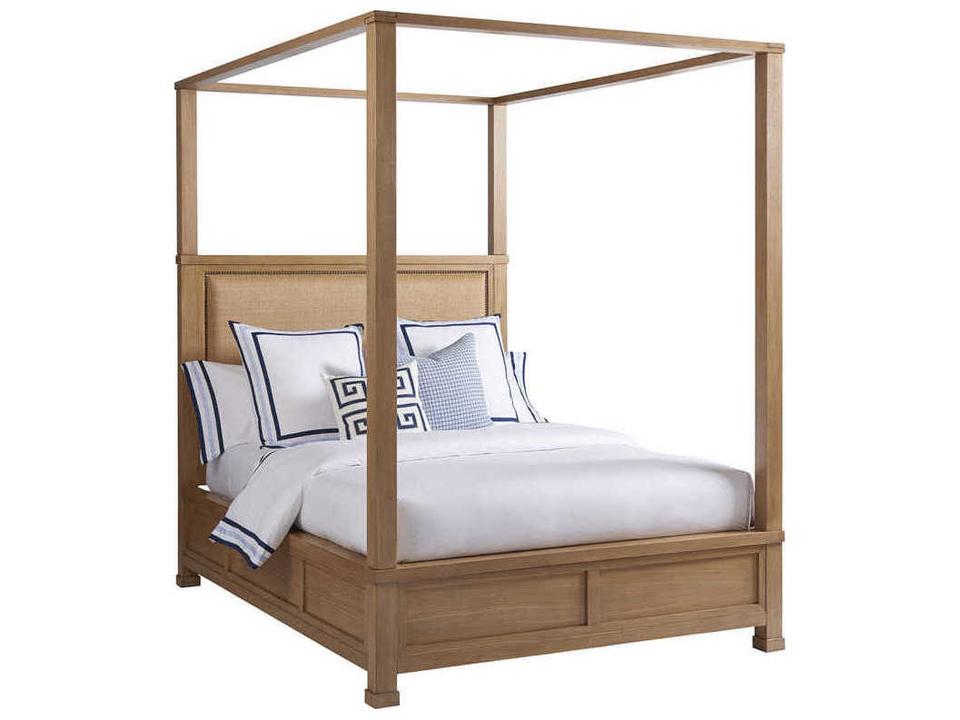 Newport Shorecliff Queen Canopy Bed with Raffia Headboard in Sandstone
