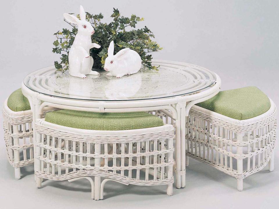 Raffles Round Rattan Cocktail Table with Four Benches