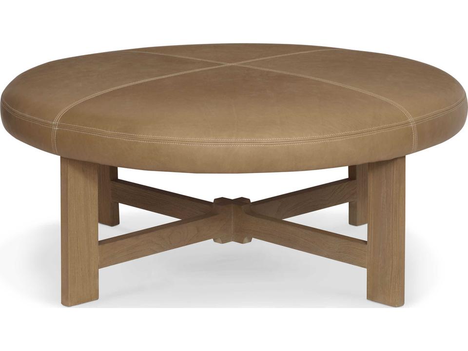 Nelson 46-Inch Round Italian Leather Ottoman in Caramel with Teak Base