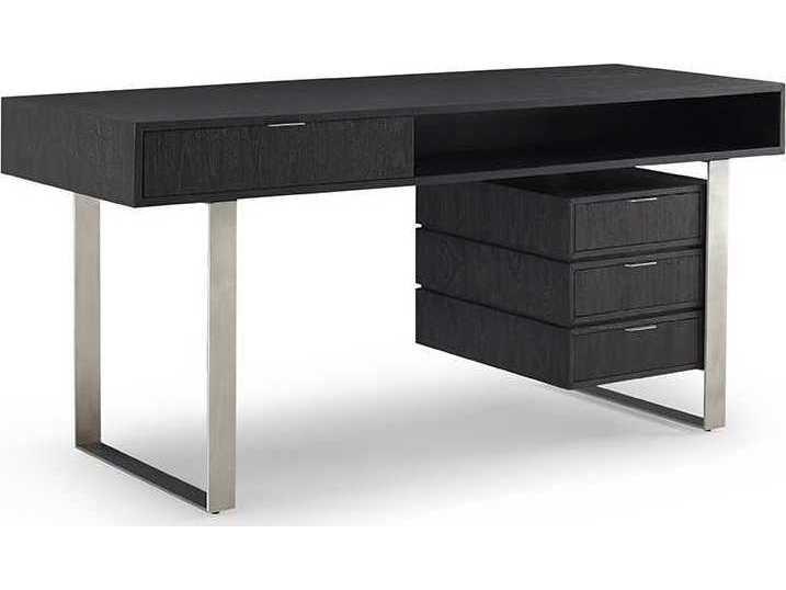 Palmer Mink Black Teak Wood Computer Desk with Brushed Stainless Steel Handles