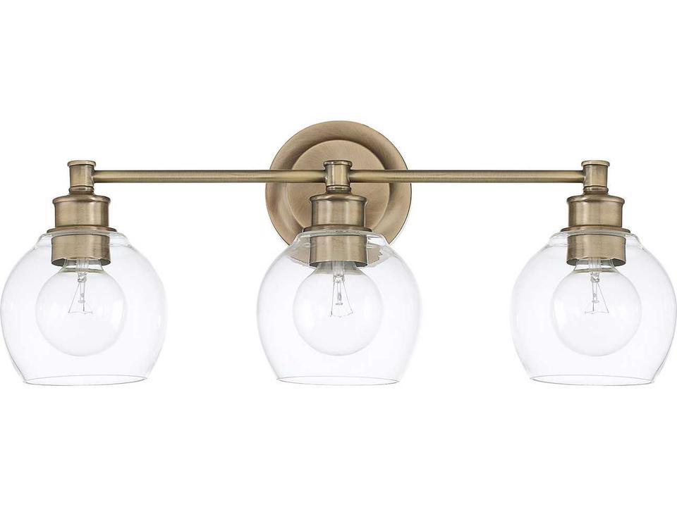 Mid Century 3-Light Vanity Light in Aged Brass with Clear Glass