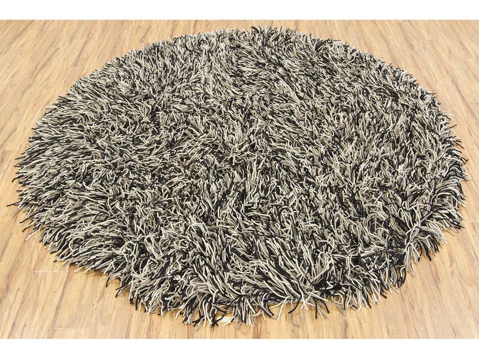 Cyrah Round Shag Area Rug with 5-Inch Pile in Black Taupe Ivory
