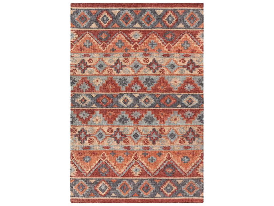 Ethel Hand Woven Area Rug in Jute Cotton Blend Red Orange Blue Natural