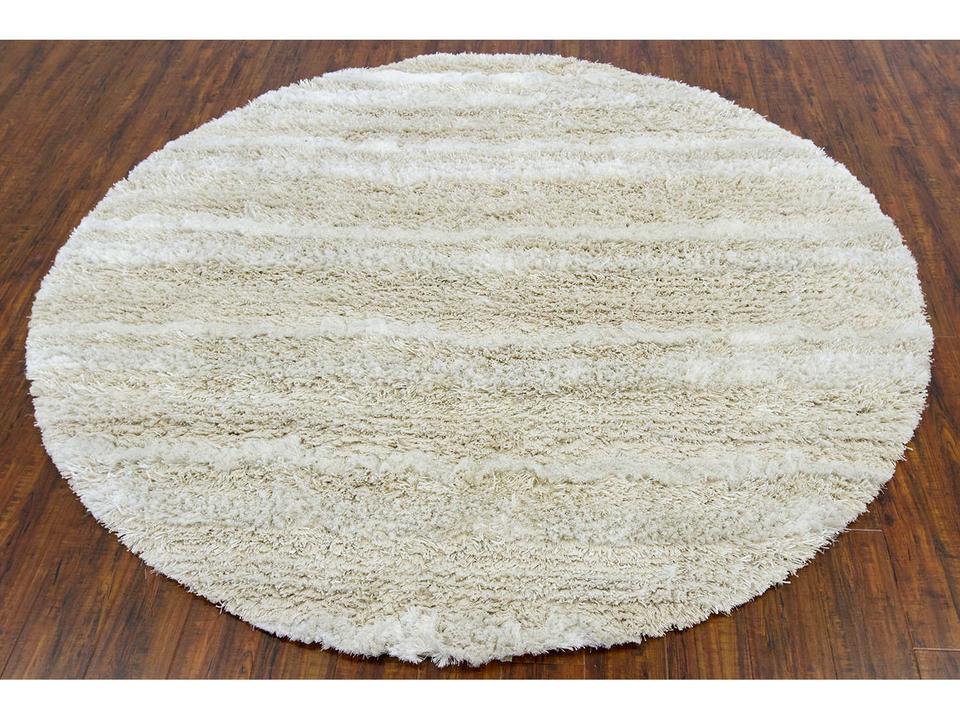 Kapaa Hand Woven Wool and Polyester Blend Round Shag Area Rug in Tan and Ivory