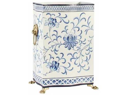 Blue and White Hand Painted Tole Wastebasket