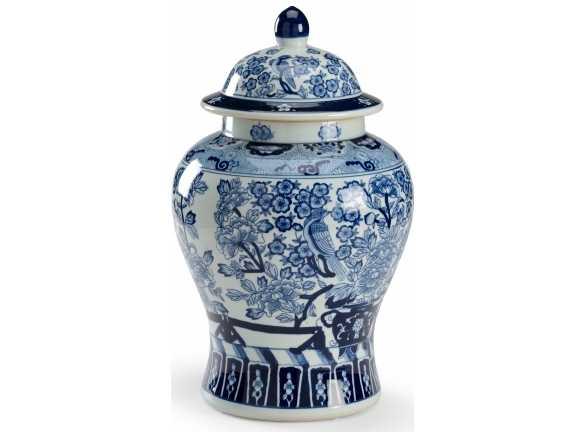 Floral Covered Urn Blue and White Glazed Porcelain