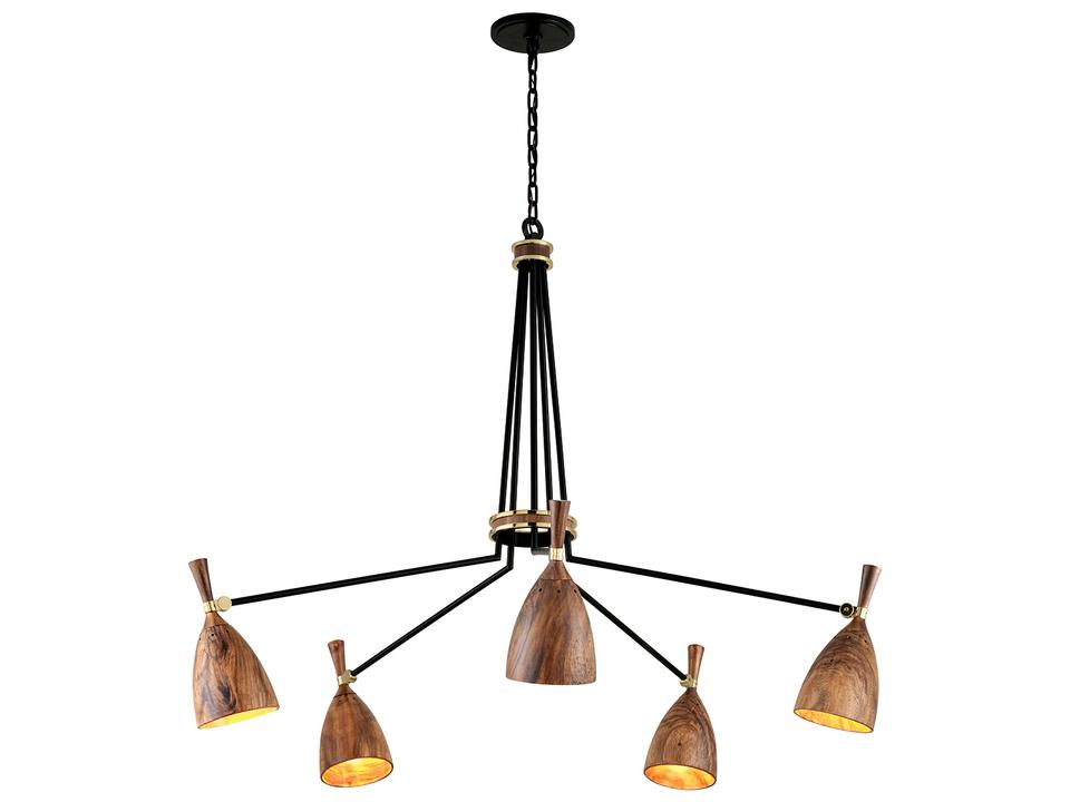 Utopia 5-Light Chandelier in Soft Black with Polished Brass and Acacia Wood Shades