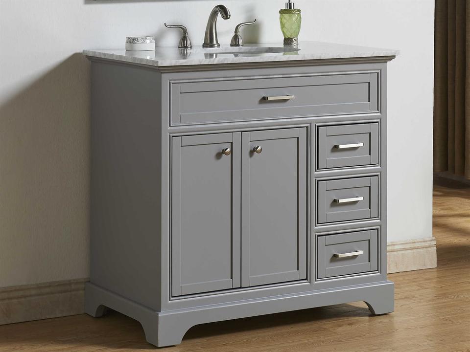 Americana 36-Inch Single Bathroom Vanity in Light Grey with Carrara Marble Top