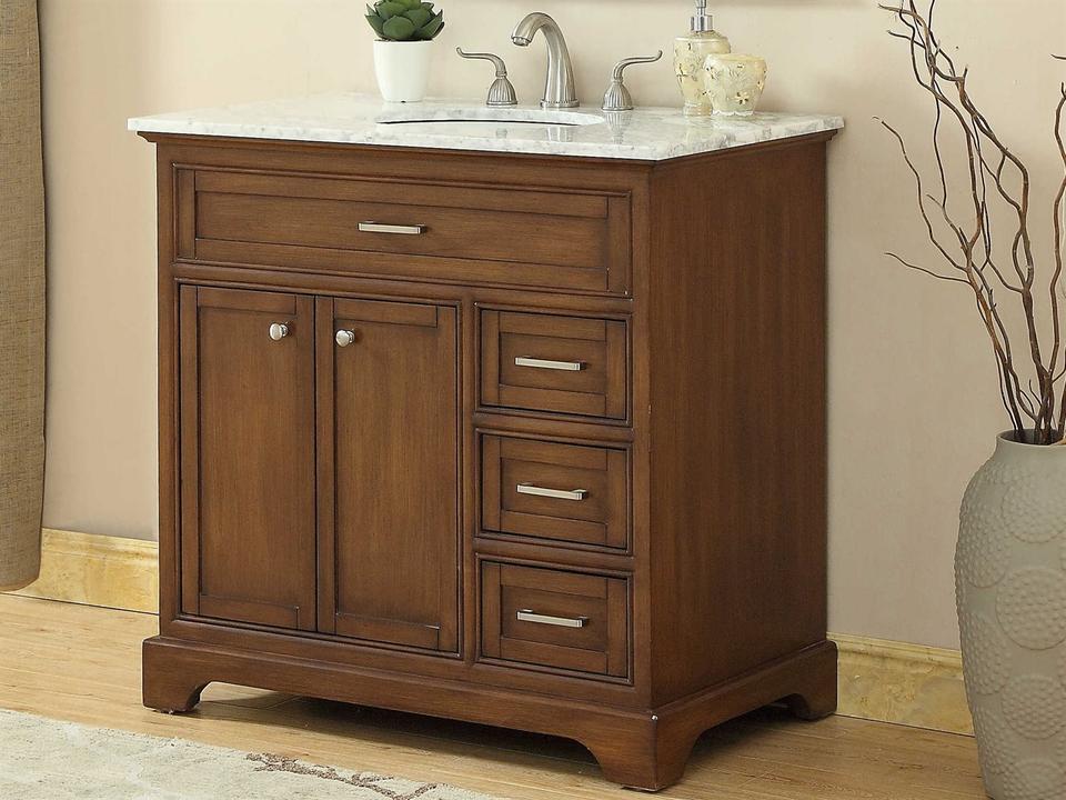 Americana 36-Inch Single Bathroom Vanity Set in Teak with Carrara Marble Top