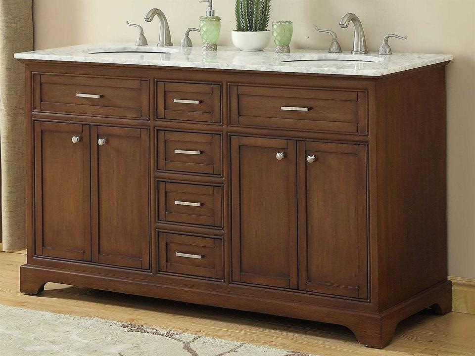 Americana 60-Inch Double Bathroom Vanity in Teak with Carrara Marble Top