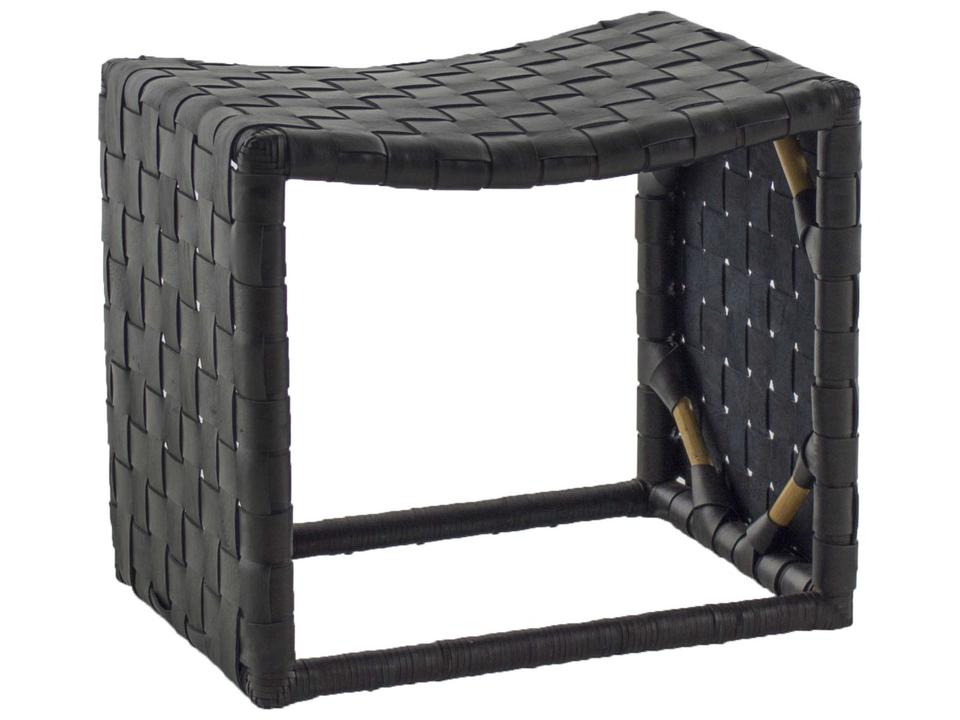 Dover Black Leather Accent Stool with Natural Rattan Frame