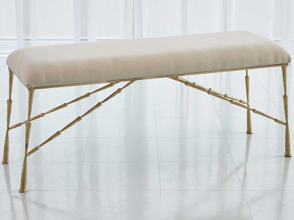 Spike Upholstered Bench with Muslin Cushion in Antique Brass