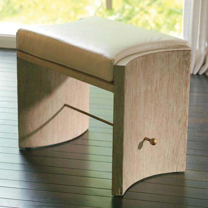 Sandblasted Oak and Brass Accent Stool with Ivory Leather Cushion