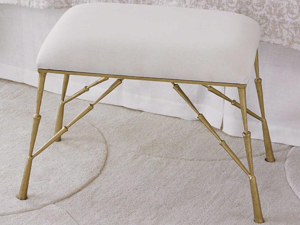 Spike Accent Stool Antique Brass Gold with White Muslin Cushion