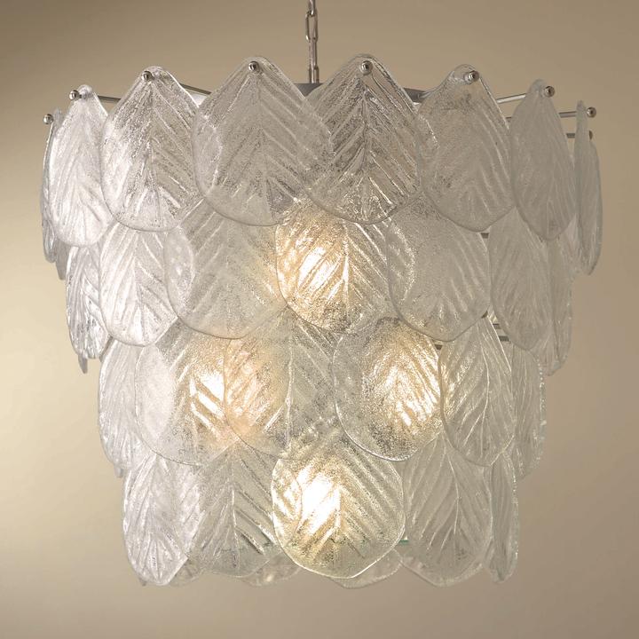 6-Light Murano Leaf Chandelier in Polished Nickel and White Glass