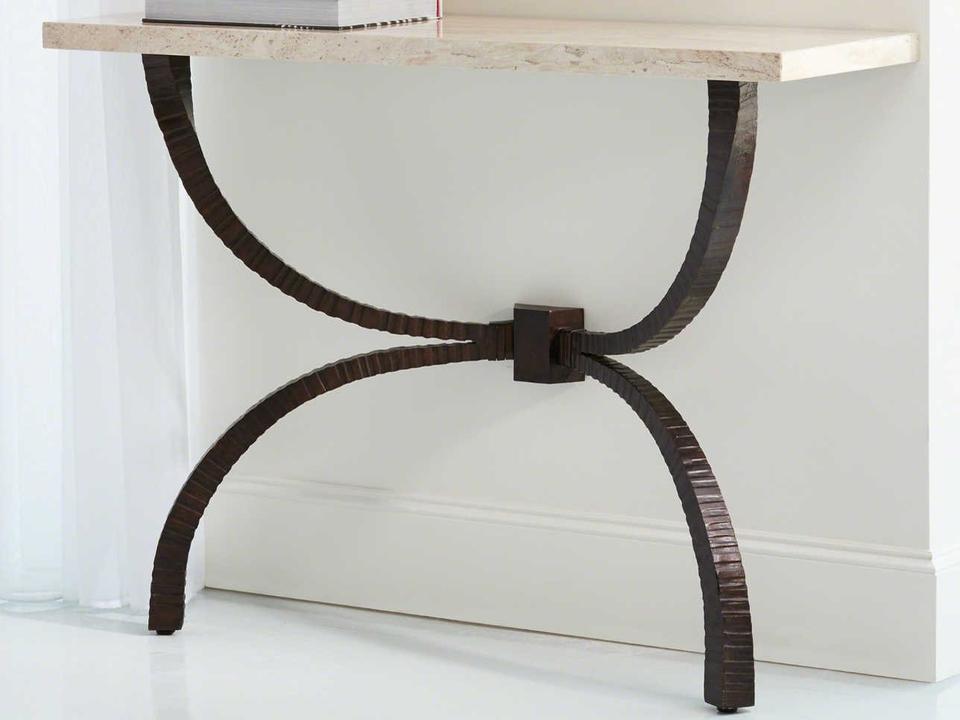 Teton Rectangular Console Table in Bronze with Travertine Top