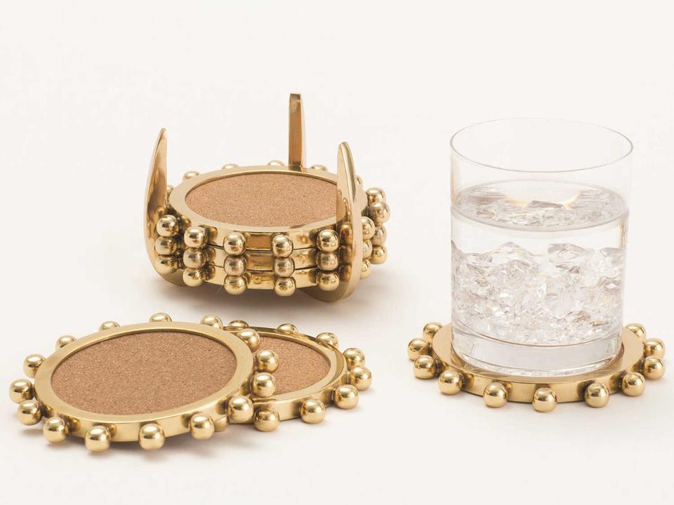 Starburst Crown Coasters Brass Decorative Tabletop Home Accent Set with Cork Backing