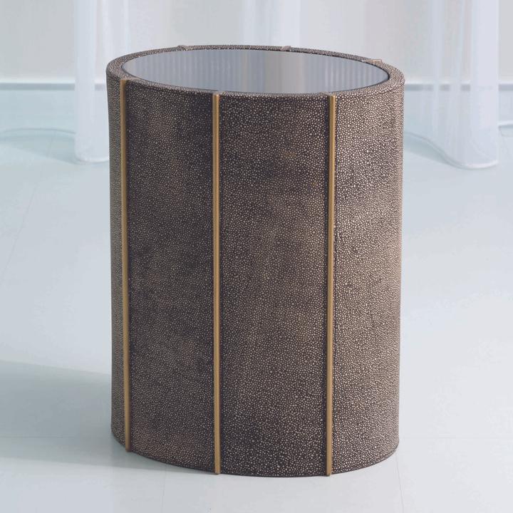 Oval Faux Leather Gold End Table with Antiqued Glass Top