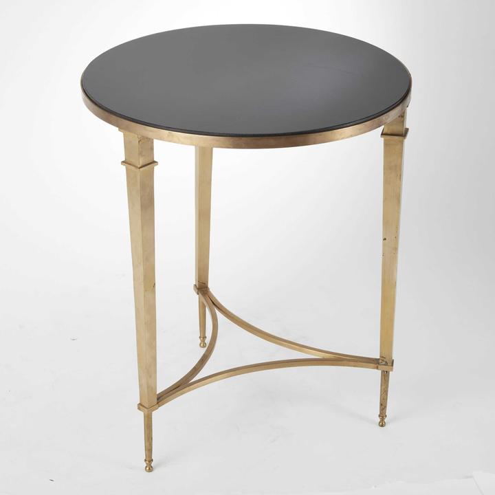 French Square Leg Round End Table with Black Granite and Brass