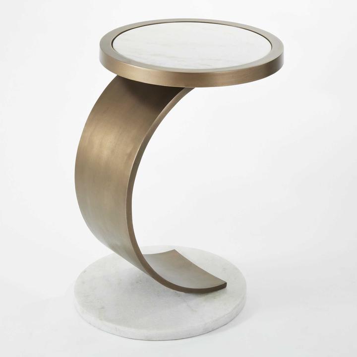 Round C Accent End Table with White Marble Top and Antique Brass Finish