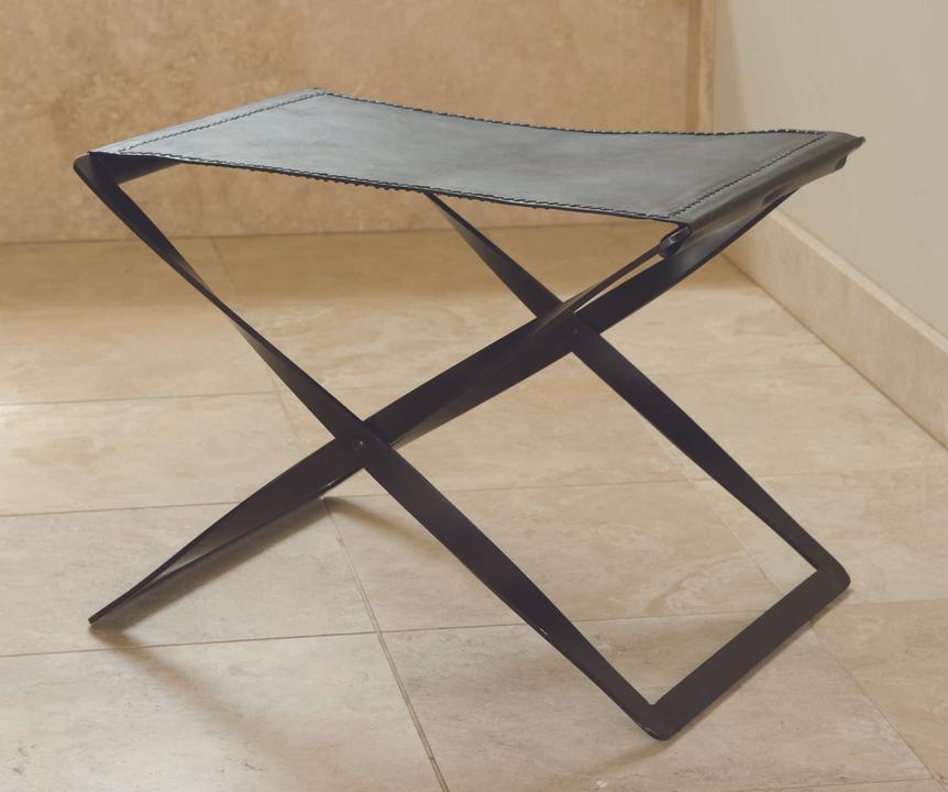 Folding Brown Leather Accent Stool with Iron Frame