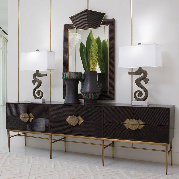 Galapagos 87-Inch Media Cabinet in Dark Walnut and Brass